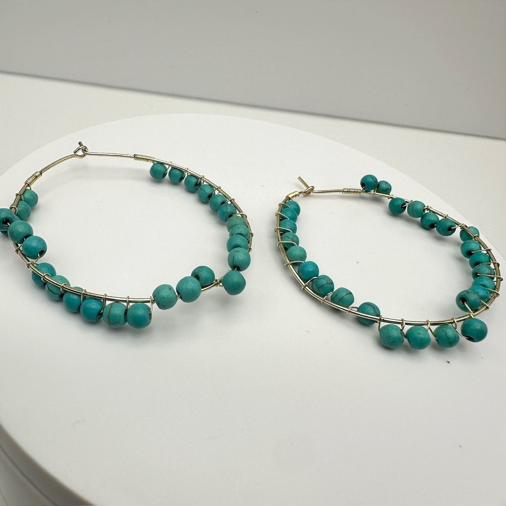 Vintage 90s Gold Tone Turquoise Bead Hoop Earrings Bohoโ Women's Retro Jewelry